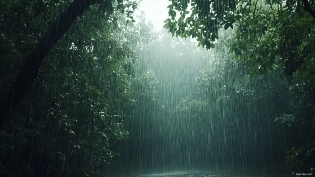 Heavy rain falling in a quiet forest clearing, mist rising between the trees, soft light beams shining through the rain.