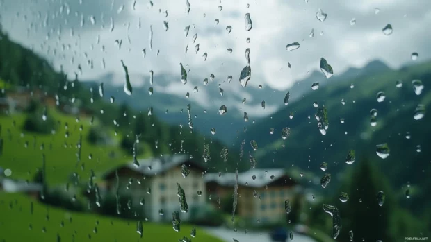 Rain HD Wallpaper with close up of raindrops on a windowpane with a blurred scenic landscape in the background, soft focus on the water droplets.