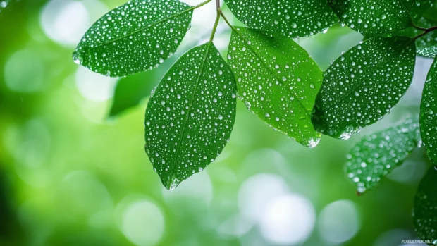 Rain HD Wallpaper with rainstorm in the middle of a dense rainforest, thick foliage covered in water droplets, vibrant green leaves reflecting natural light.