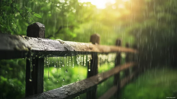 Rain cascading down a rustic wooden fence with droplets hanging from the edges, blurred natural greenery in the background, soft natural lighting.