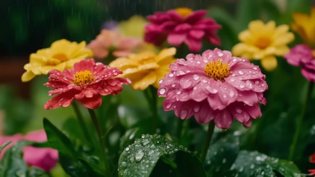 Rain soaked garden flowers in bloom, vibrant petals covered with fresh water droplets, close up view with shallow depth of field.