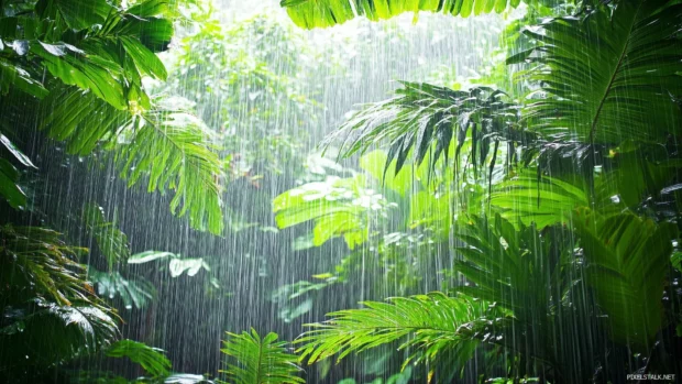 Rainfall in a tropical rainforest with dense green foliage, water cascading off large tropical leaves, dewdrops clinging to vines.