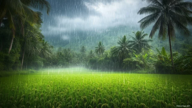 Soft rain falling over a lush green rice field, misty atmosphere with a gentle breeze, rain droplets on leaves and blades of grass.