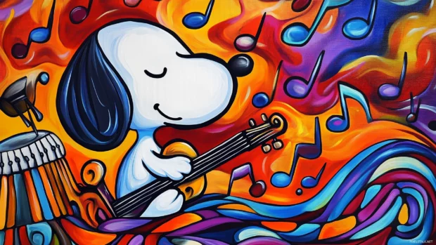 Snoopy HD Wallpaper with a whimsical depiction of Snoopy dreaming of being a famous musician, surrounded by musical notes and colorful instruments.