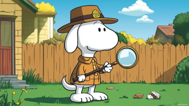 Snoopy dressed as a detective, magnifying glass in hand, investigating clues in his backyard, with a playful sense of mystery and adventure.