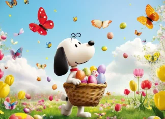 Snoopy dressed as the Easter Bunny.