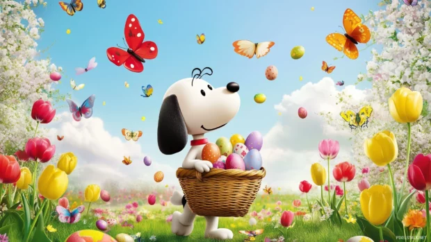 Snoopy dressed as the Easter Bunny.