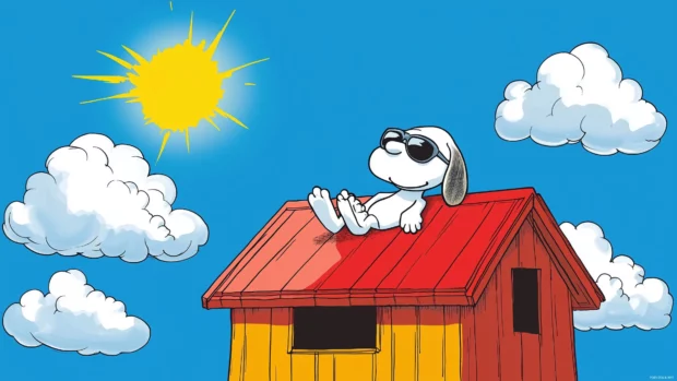 Snoopy lounging on top of his doghouse, wearing sunglasses and enjoying a sunny day, surrounded by cartoon clouds and a bright blue sky.