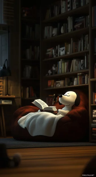 A charming image of Snoopy curled up with a good book in his doghouse.