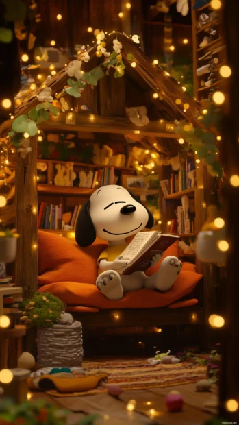 A charming image of Snoopy curled up with a good book in his doghouse, with soft lighting and a cozy atmosphere, evoking a love for reading.