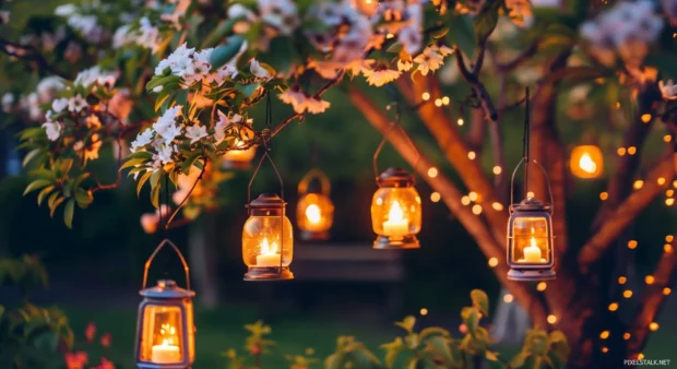 A cozy spring evening with lanterns hanging from blooming trees.