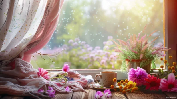 A cozy spring morning with a cup of coffee and flowers on a windowsill.