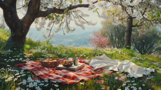 A cozy springtime under blossoming trees with a view of distant mountains.