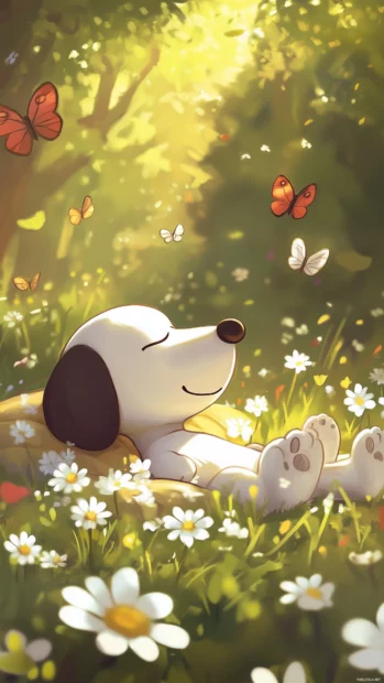 A delightful scene of Snoopy lying in a field of daisies, with butterflies fluttering around him and a content smile on his face.