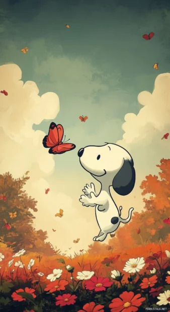 A humorous depiction of Snoopy trying to catch a butterfly, leaping playfully through a field of flowers, with exaggerated movements and a sense of fun.