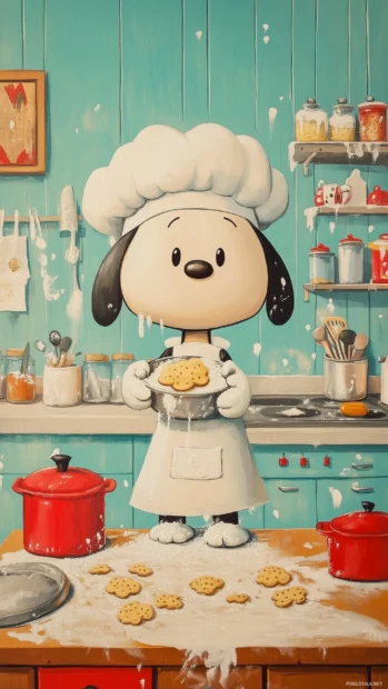 A playful depiction of Snoopy dressed as a little chef, baking cookies in a colorful kitchen.