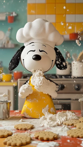 A playful depiction of Snoopy dressed as a little chef, baking cookies in a colorful kitchen, with flour on his nose and cookie dough all around.