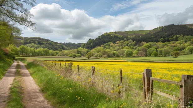 A scenic spring drive through countryside fields and flower filled valleys.