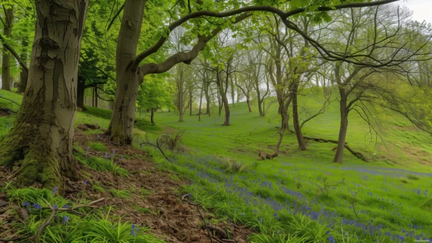 A serene spring forest wallpaper with fresh green leaves and a carpet of bluebells.