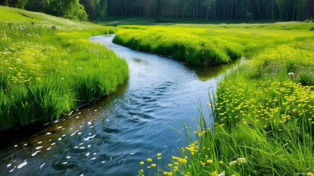 A tranquil spring river winding through lush green meadows.