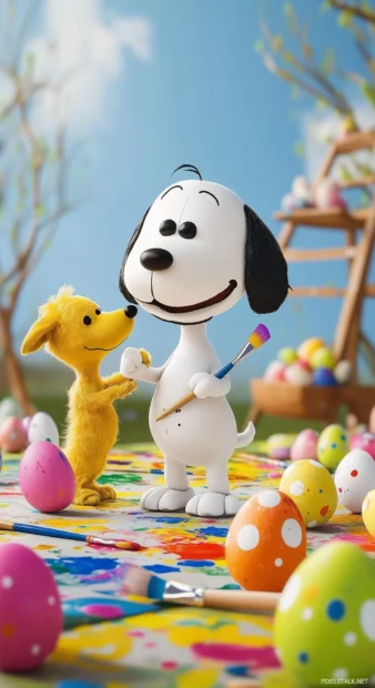 A whimsical image of Snoopy painting colorful Easter eggs with Woodstock, surrounded by paintbrushes and splatters.