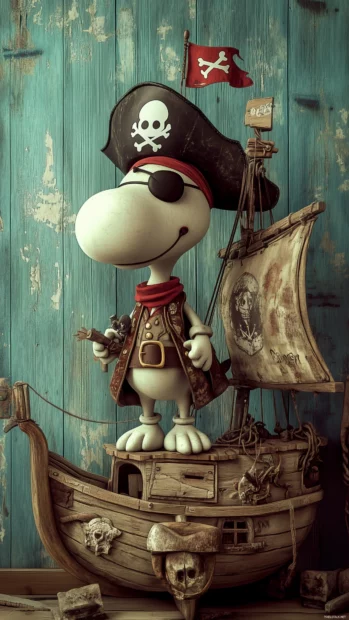 A whimsical portrayal of Snoopy dressed as a pirate.