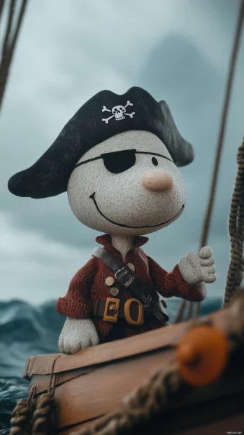 A whimsical portrayal of Snoopy dressed as a pirate, with a playful grin and a tiny eye patch, standing proudly on a makeshift ship made of cardboard.