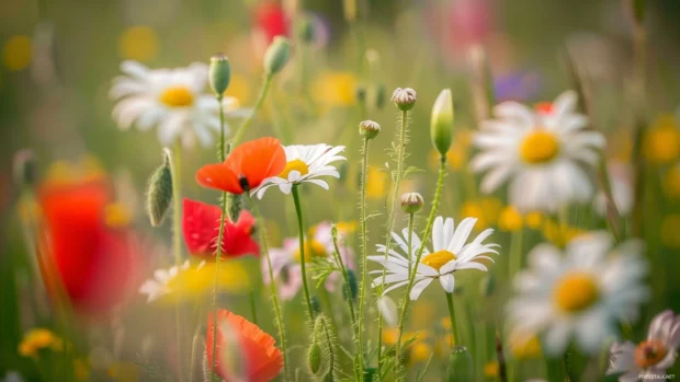 Beautiful Spring Wallpaper HD with daisies and poppies in a spring field.