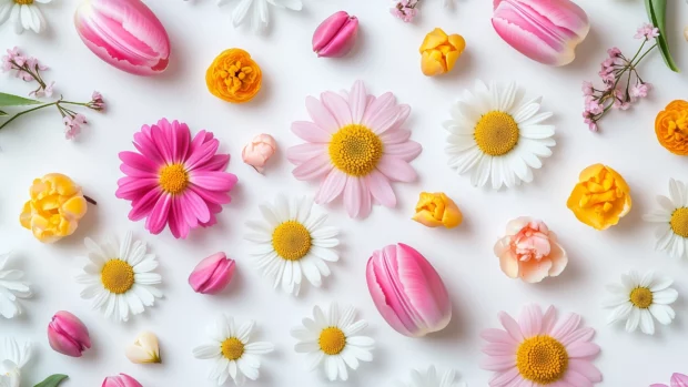 Beautiful Spring Wallpaper features daisies, tulips, and cherry blossoms on a soft cream background.