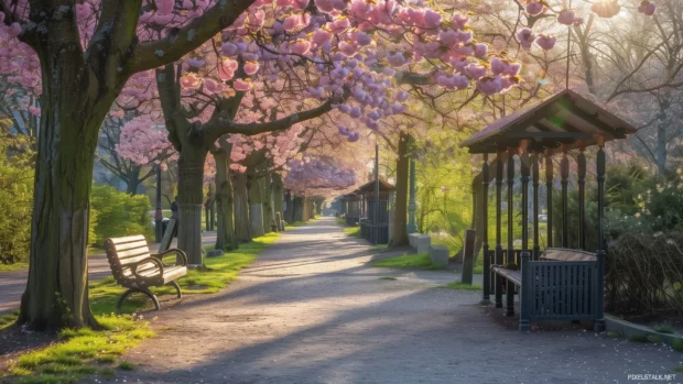 Beautiful Spring Wallpaper with Cherry blossom trees lining a peaceful park path in early spring.