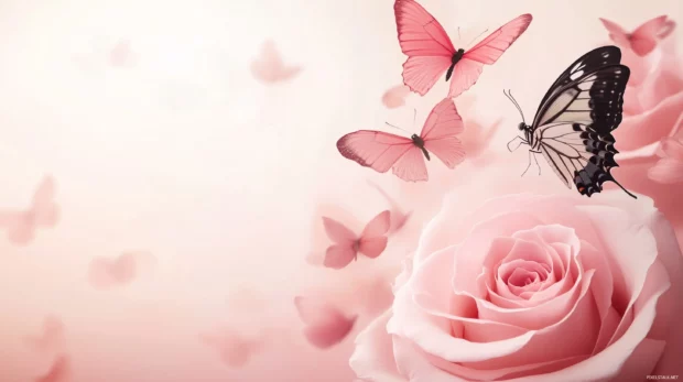 Beautiful Spring Wallpaper with butterflies fluttering around a single rose.