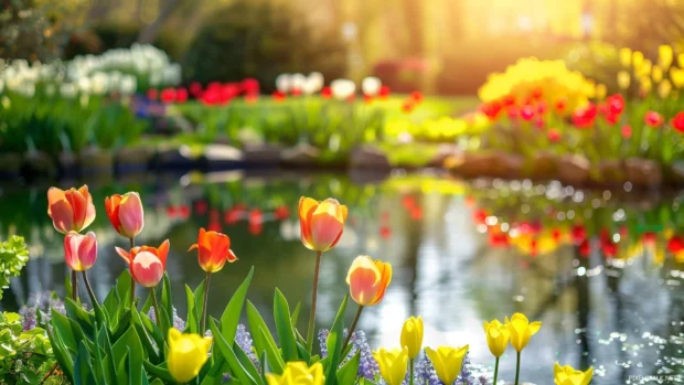 Beautiful Spring Wallpaper with spring flowers surrounding a serene pond.