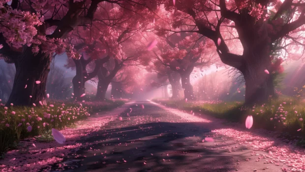 Beautiful Spring Wallpaper with springtime cherry blossom avenue with petals gently falling in the breeze.