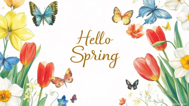 Beautiful Spring Wallpaper with tulips, daffodils, and butterflies framing the screen, with Hello Spring in the center in an elegant calligraphy style font.