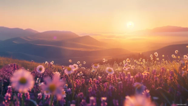 Beautiful Spring dawn with flowers and soft light.