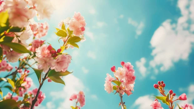 Blossoming spring flowers with a blue sky backdrop.