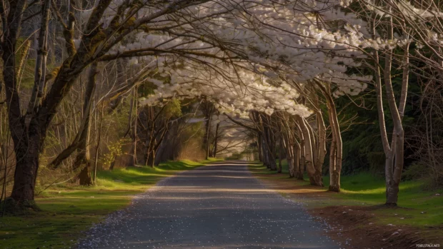 Cherry blossom trees lining a peaceful park path in early spring.