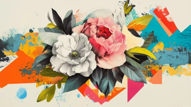 Collage of hand drawn floral illustrations and pressed flowers combined.