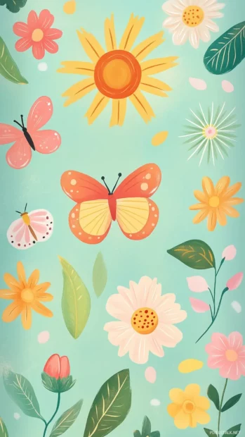 Cute spring icons like flowers, butterflies, sunbursts, and fresh leaves on a soft mint green background.