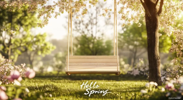 Dreamy springtime with a wooden swing hanging from a tree, surrounded by blooming flowers and a scenic backdrop.