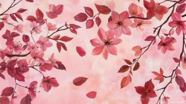 Elegant pattern of cherry blossoms and petals gently falling in a scattered design on a light pink gradient background.