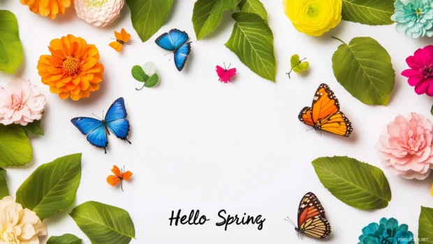 Flat lay arrangement of colorful flowers, butterflies, and fresh green leaves on a bright white background, with Hello Spring in modern sans serif text placed at the bottom.