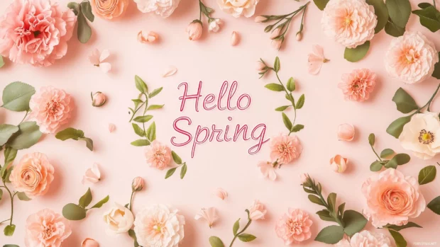 Flat lay of spring flowers and leaves arranged in a circular wreath with Hello Spring in the center.