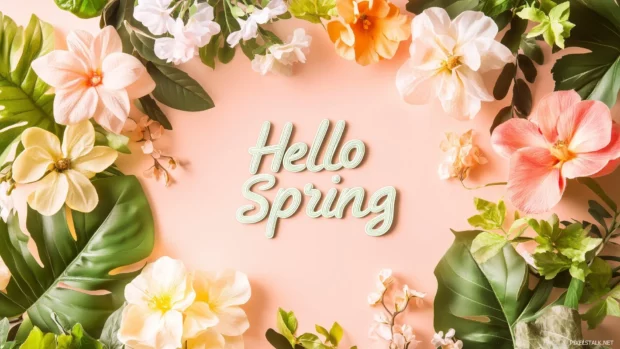 Flat lay of spring flowers and leaves arranged in a circular wreath with Hello Spring in the center in a soft pastel cursive font, soft gradient background in light pink and peach hues.