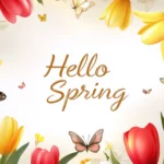 Hand drawn style floral border with tulips, daffodils, and butterflies framing the screen, with Hello Spring in the center in an elegant calligraphy style font.