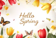 Hand drawn style floral border with tulips, daffodils, and butterflies framing the screen, with Hello Spring in the center in an elegant calligraphy style font.