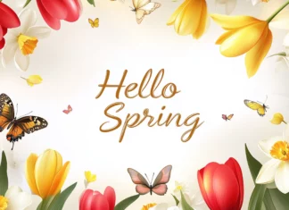 Hand drawn style floral border with tulips, daffodils, and butterflies framing the screen, with Hello Spring in the center in an elegant calligraphy style font.