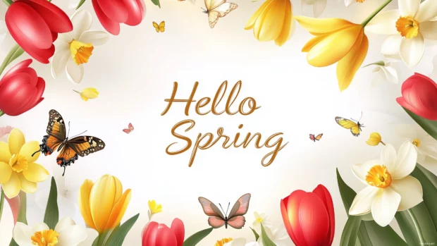 Hand drawn style floral border with tulips, daffodils, and butterflies framing the screen, with Hello Spring in the center in an elegant calligraphy style font.