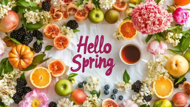 Hello Spring Wallpaper HD with fesh fruits, flowers, and a cup of tea on a white tablecloth.