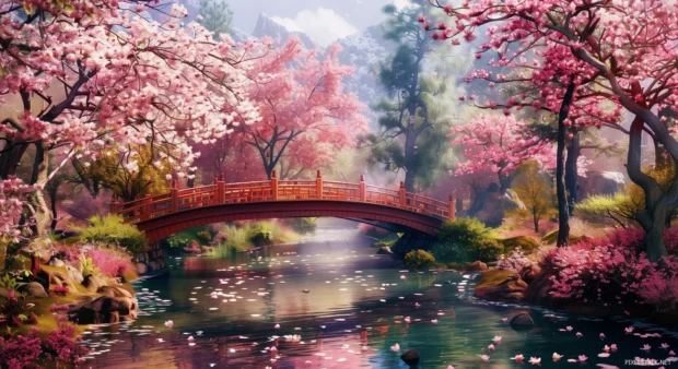 Hello Spring scene with a bridge over a stream in a garden full of blossoms.